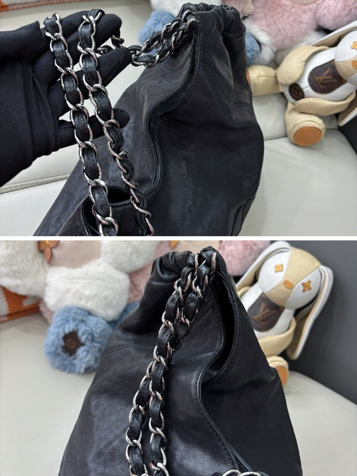 CHANEL Classic Logo Calfskin tote Shoulder bag Black Silver Women