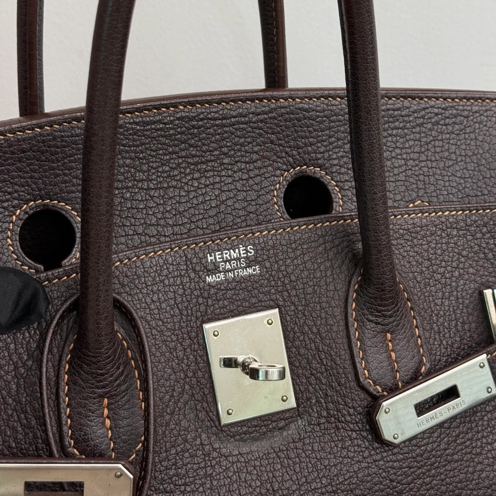 Authentic Hermes Birkin 35 Ebene Brown Water Buffalo Leather Top Handle Bag SHD