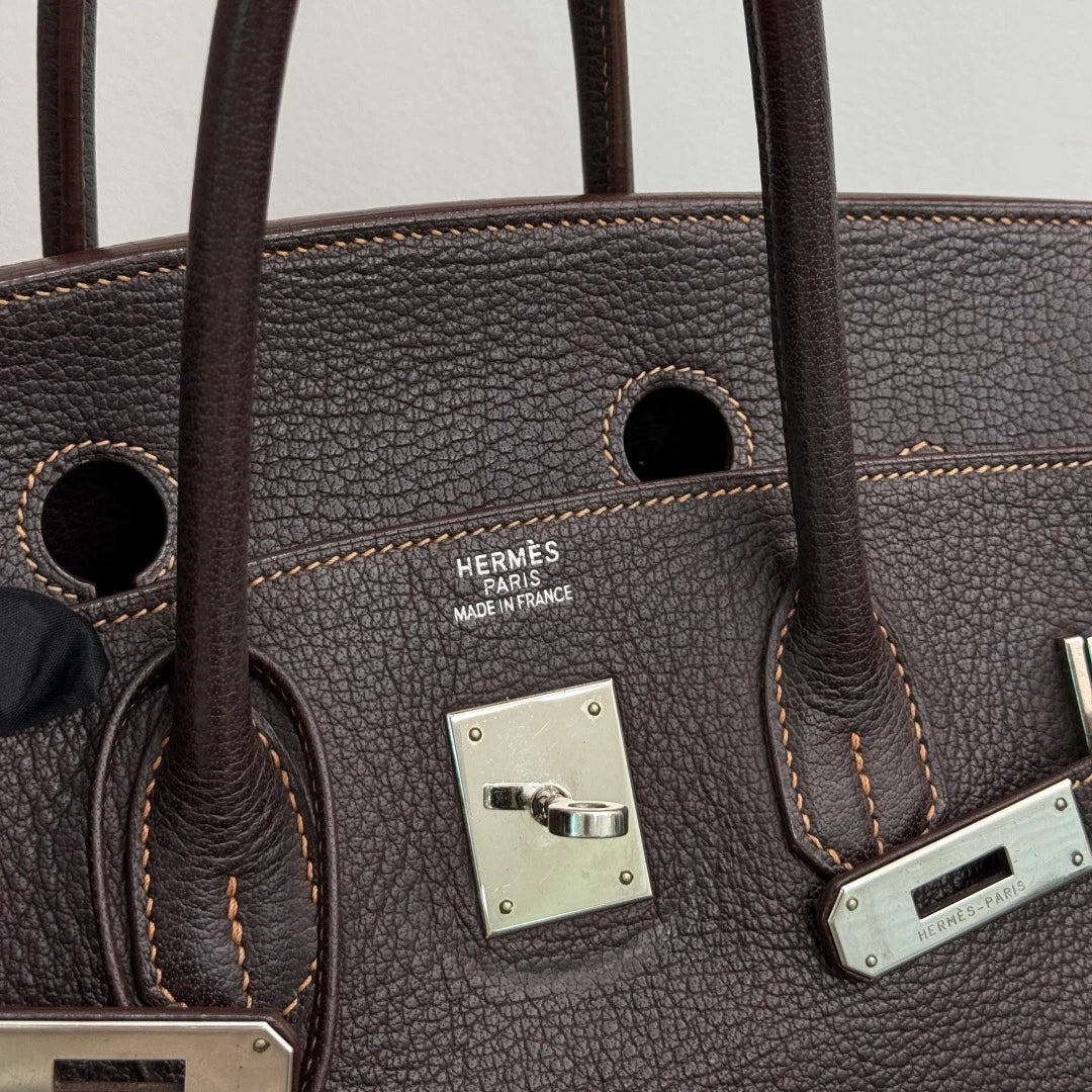 Authentic Hermes Birkin 35 Ebene Brown Water Buffalo Leather Top Handle Bag SHD