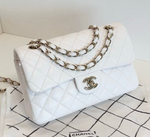 Chanel Classic Flap MM Calfskin Chain Shoulder Bag White Gold Women Fashion