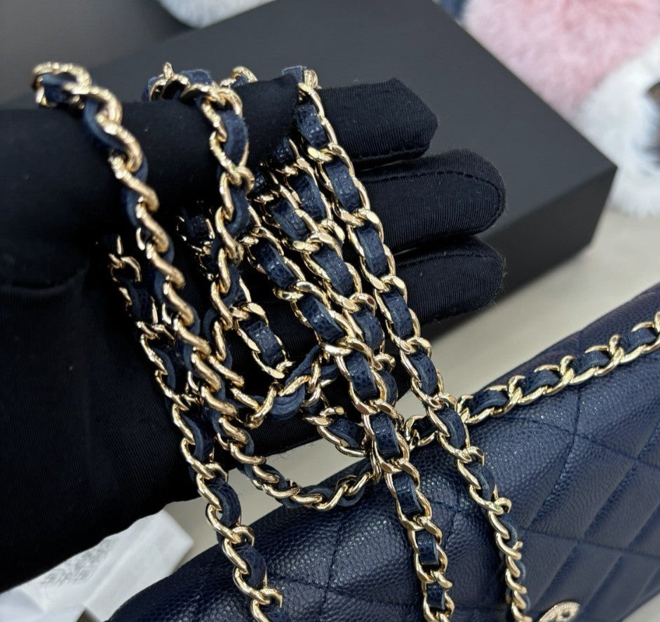 Chanel WOC Calfskin Chain Shoulder Bag Crossbody Blue Silver Women Classic