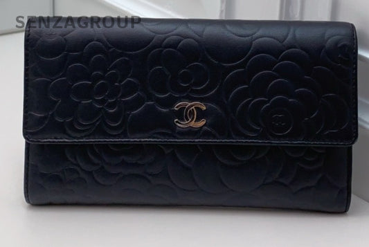 Chanel Printed Embossing Long Wallet Black Silver Used Women Classic Designer