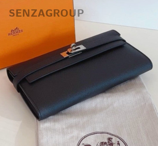 Hermes Kelly Long Wallet Epsom Leather Clutch Black Silver Women Classic Fashion