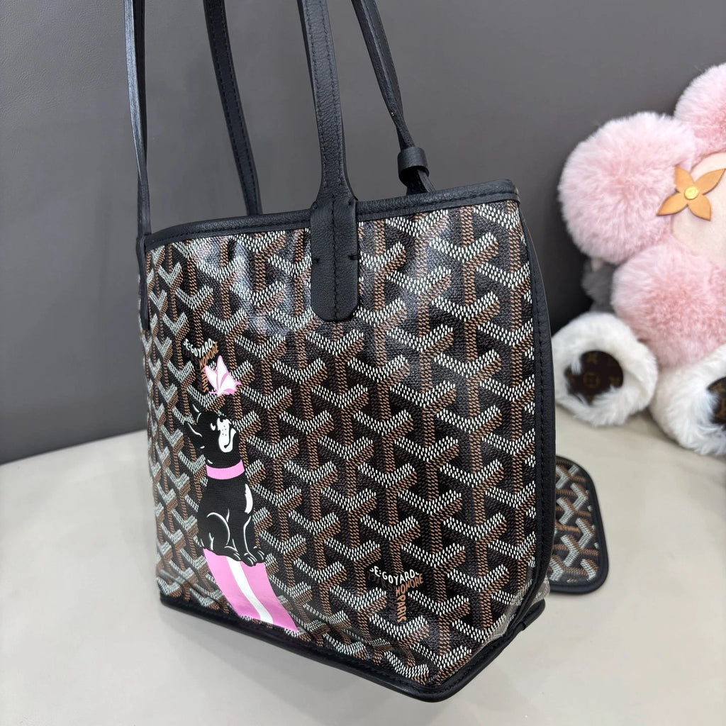 Goyard Anjou Tote Mini Top Handle Shoulder Bag Black Silver Women Classic