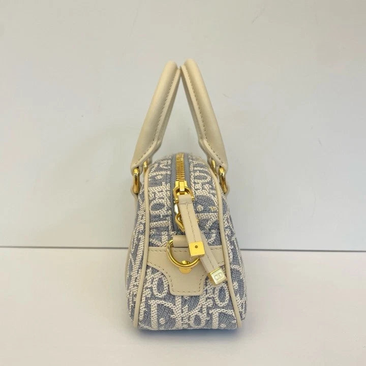 Authentic Dior D-Vibe Mini Bowling Bag Blue Canvas Beige Leather For Women