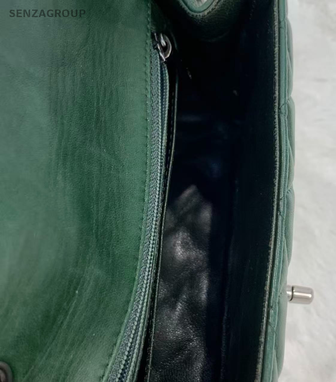 Chanel Classic Flap Mini Lambskin Chain Shoulder Bag Green Silver Women Diamond