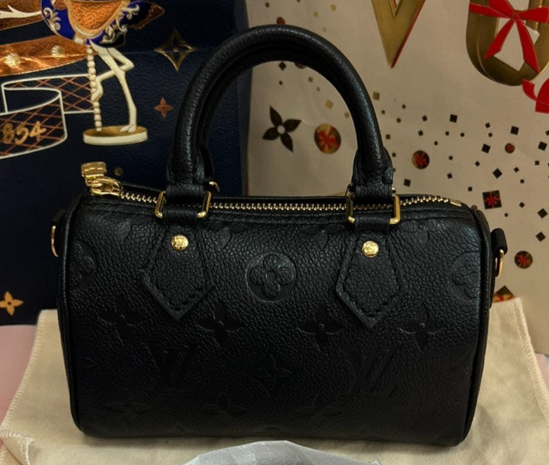 Louis Vuitton Speedy Nano Top Handle Bag Crossbody Black Gold Used Women Classic