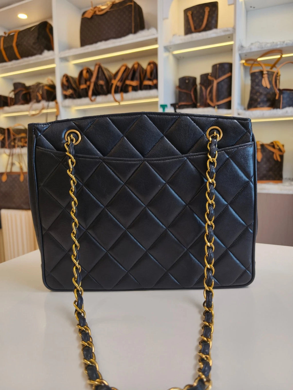 Chanel Lambskin PM Black Tote Chain Shoulder Bag Diamond Gold Hardware