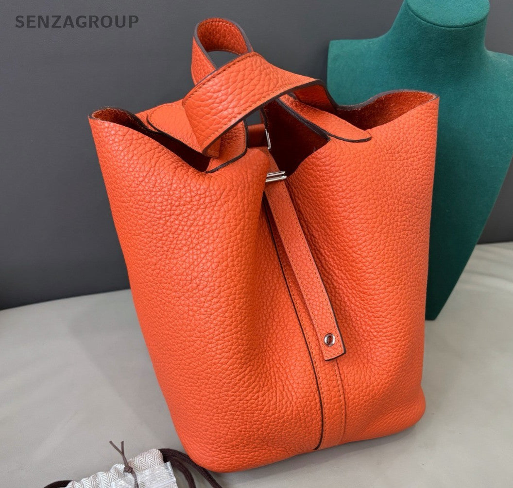 Hermes Picotin22 Top Handle Bag Orange Silver Women Classic Fashion