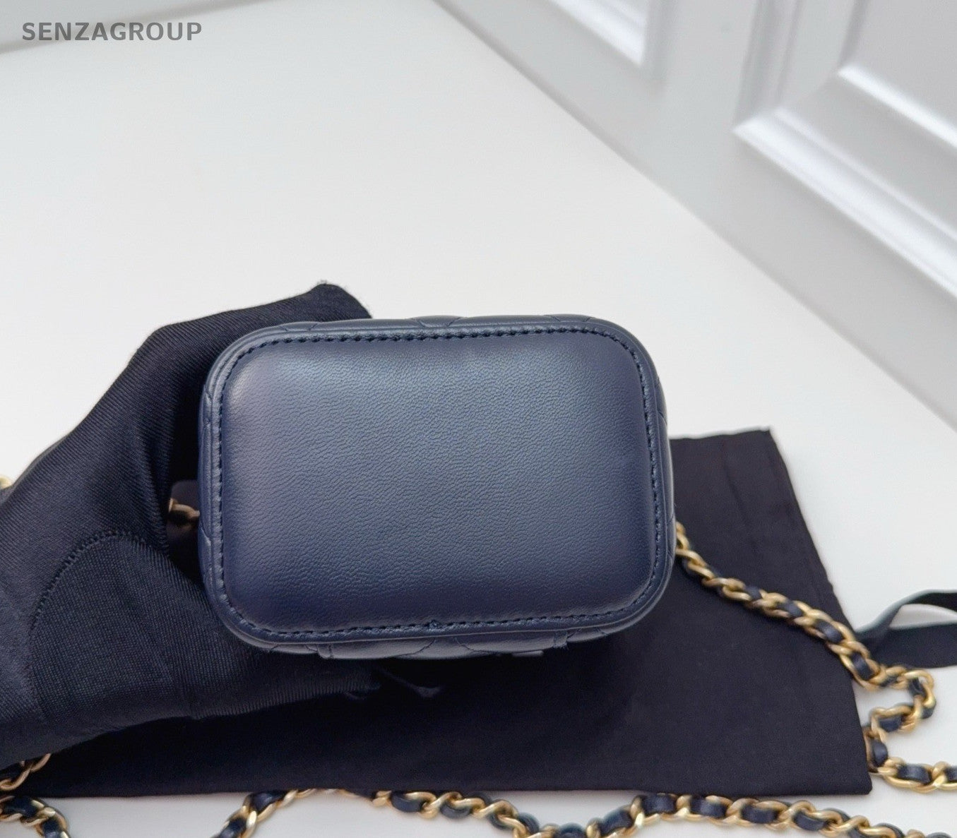 CHANEL Vanity Box mini Diamond Pattern Chain Shoulder bag Navy Blue Gold Women