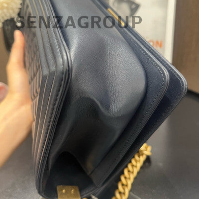 Chanel Le Boy Navy Blue Medium Quilted Chain Shoulder Bag Gold Hardware