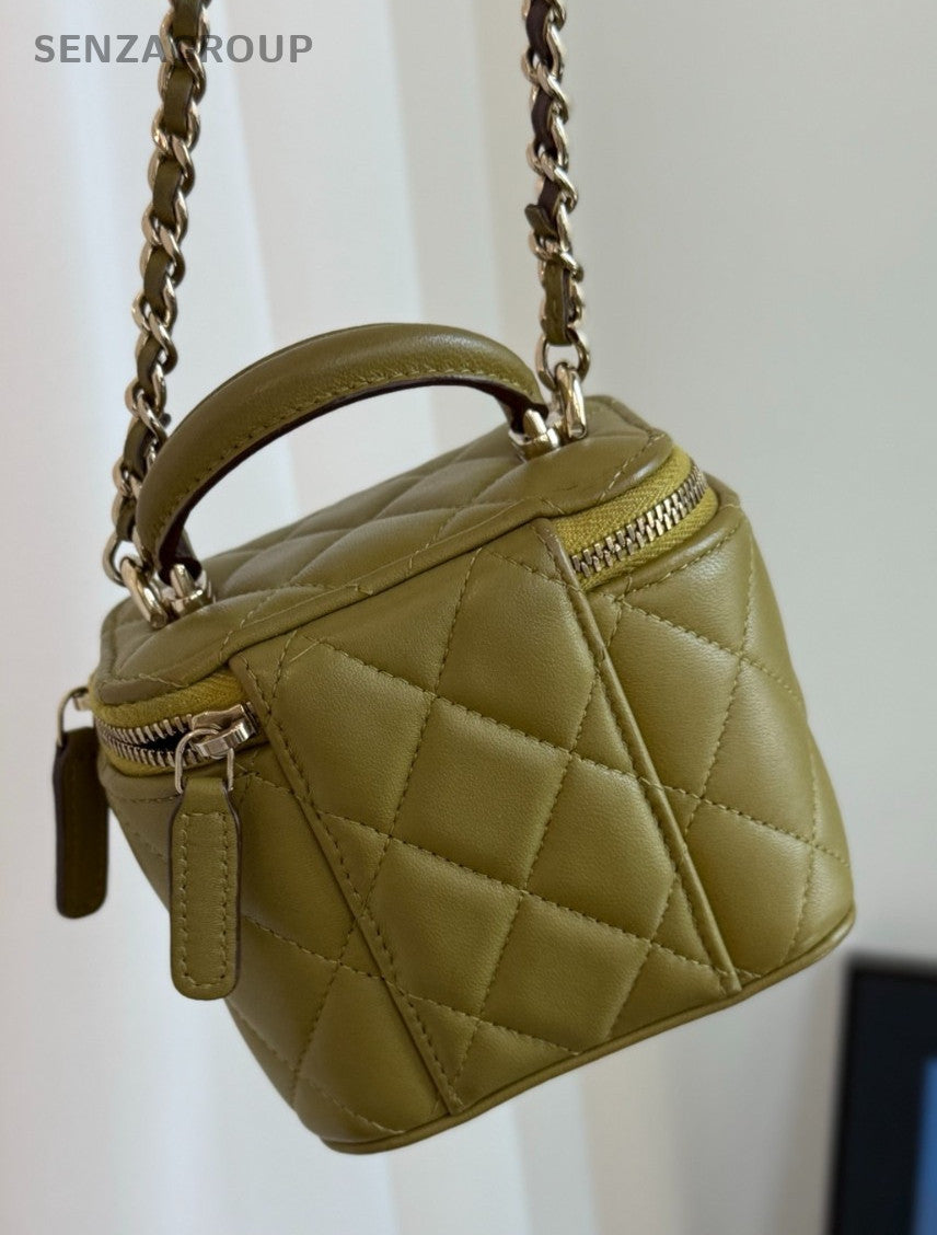 CHANEL Vanity Box mini Top handle 2way Chain Shoulder Handbag Women Olive green