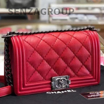 Chanel Le Boy Medium Red Silver Hardware Lambskin Quilted Chain Shoulder Bag