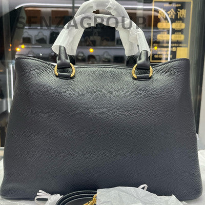 Prada Vitello Leather Black Gold Tote Shoulder Bag Classic Women