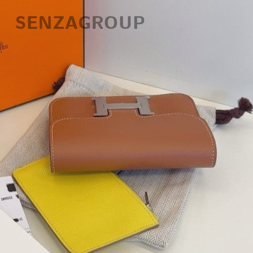 Hermes Constance Slim Wallet Chain Crossbody Brown Silver Women Designer Classic