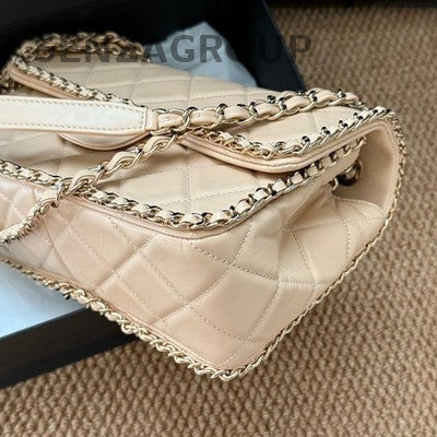 Chanel Classic Flap Beige Gold Hardware Quilted Chain Shoulder Bag