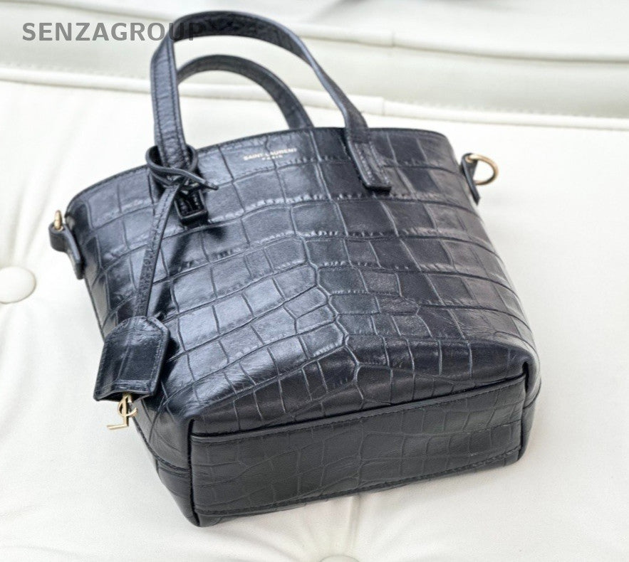 YSL Saint Laurent Embossed Calfskin Top Handle Shoulder Tote Bag Women Black