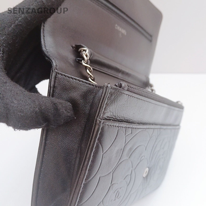 Chanel Camellia Series WOC Chain Shoulder Bag Crossbody Black Silver Women