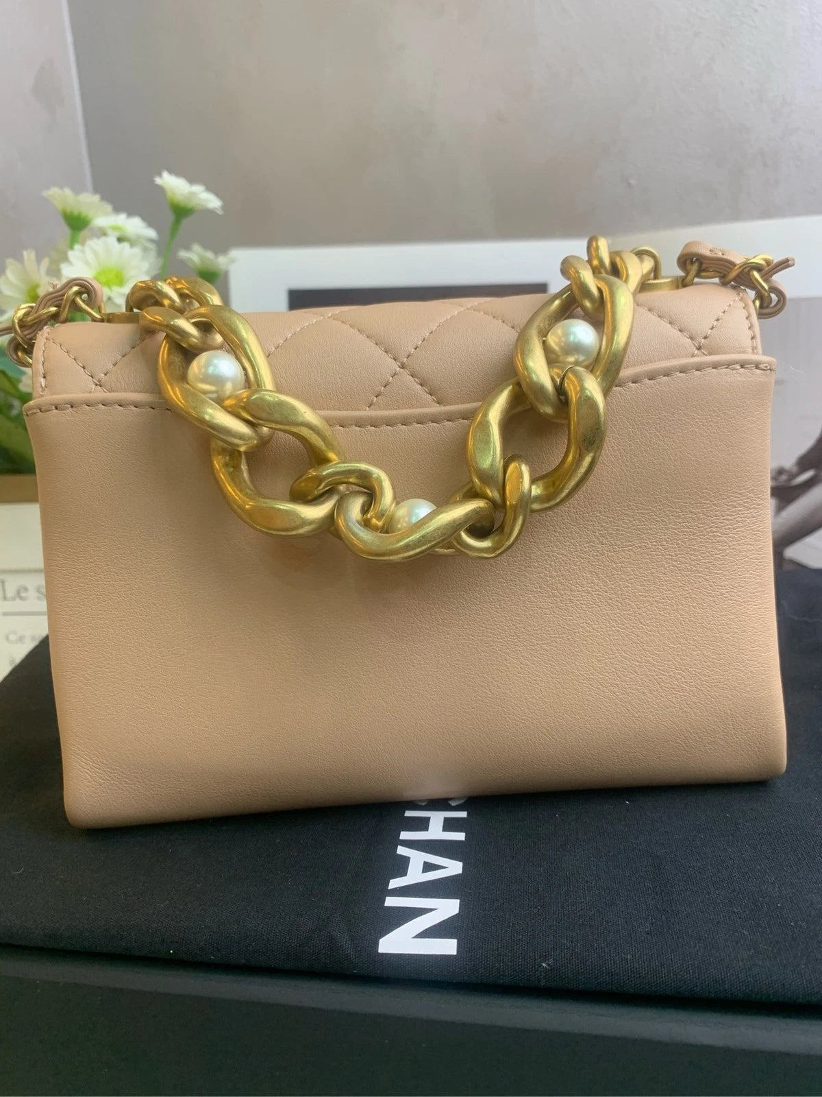 CHANEL Lambskin Pearl Chain Flap Shoulder Bag For Women