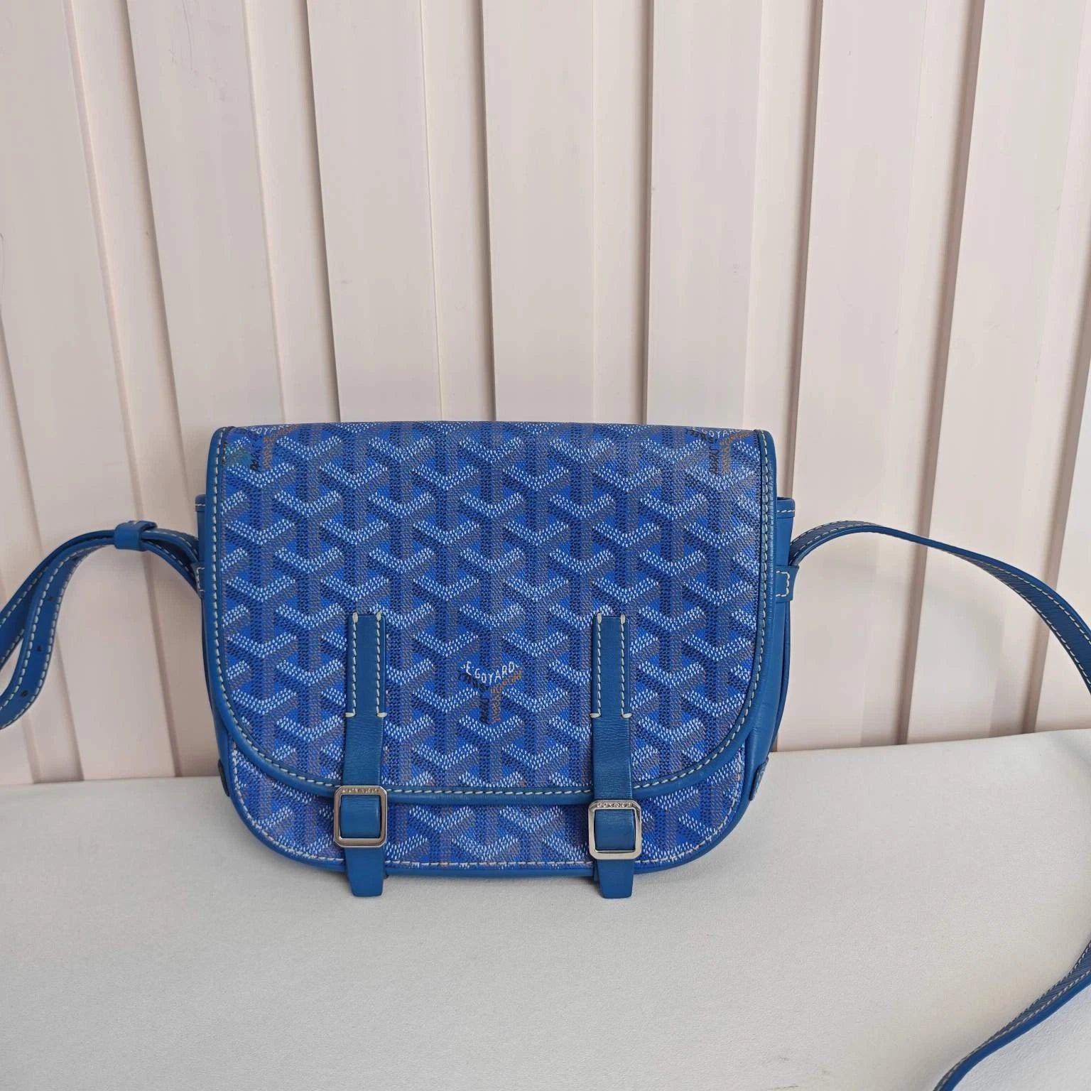 Authentic Goyard Blue Canvas Belvedere Small Crossbody Bag Excellent