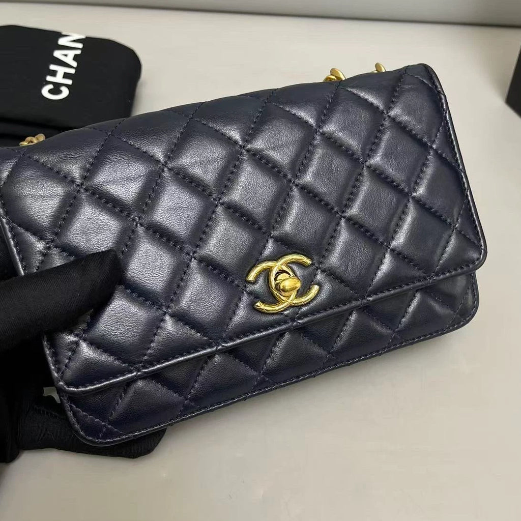 Chanel WOC Diamond Chain Shoulder Bag Crossbody Blue Gold Women Classic