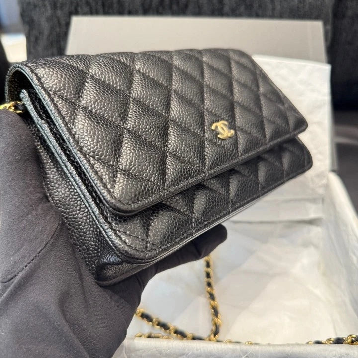 Chanel Woc Calfskin Chain Shoulder Crossbody Bag Black Gold Women Classic D