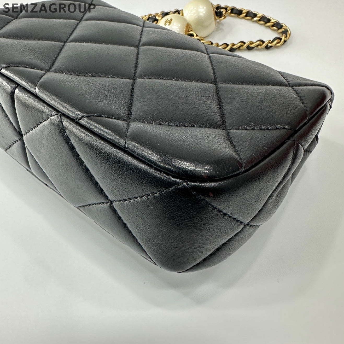 Chanel Classic Flap Double Pearl Chain Shoulder Crossbody Bag Black Gold