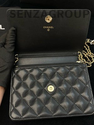 Chanel WOC Quilted Calfskin Double Chain Shoulder Crossbody Bag Black Gold