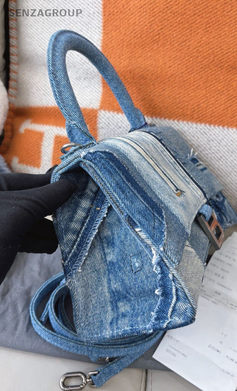 Balenciaga Hourglass Denim Top Handle 2WAY Shoulder Handbag Women Blue