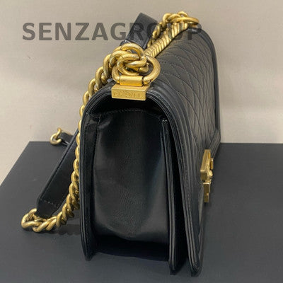 Chanel Le Boy Black Gold Quilted Calfskin Medium Chain Shoulder Bag