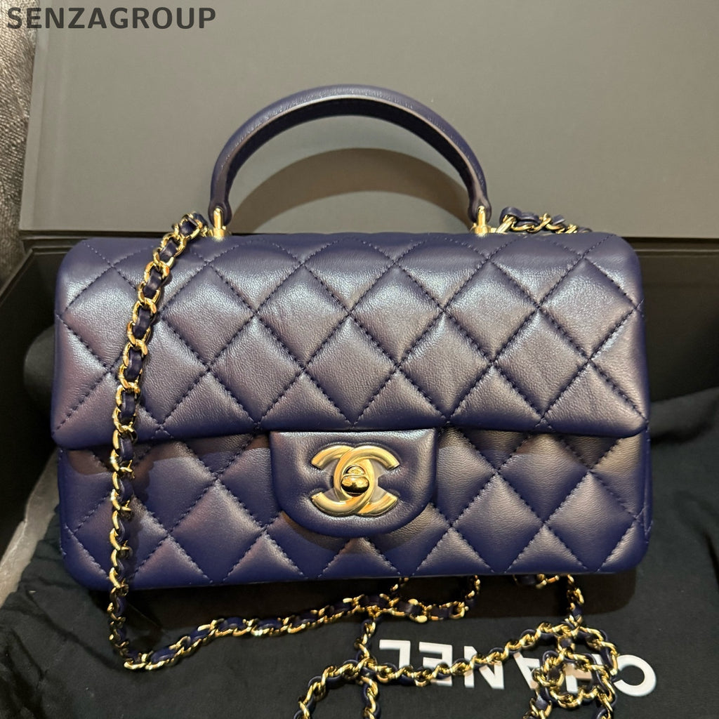 Chanel Classic Flap Mini Blue Gold Chain Shoulder Crossbody Bag Women