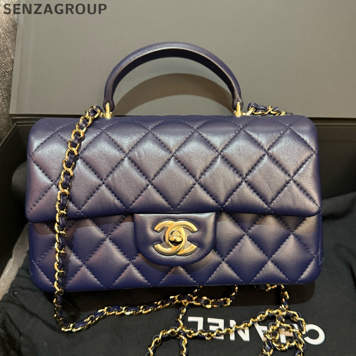 Chanel Classic Flap Mini Blue Gold Chain Shoulder Crossbody Bag Women