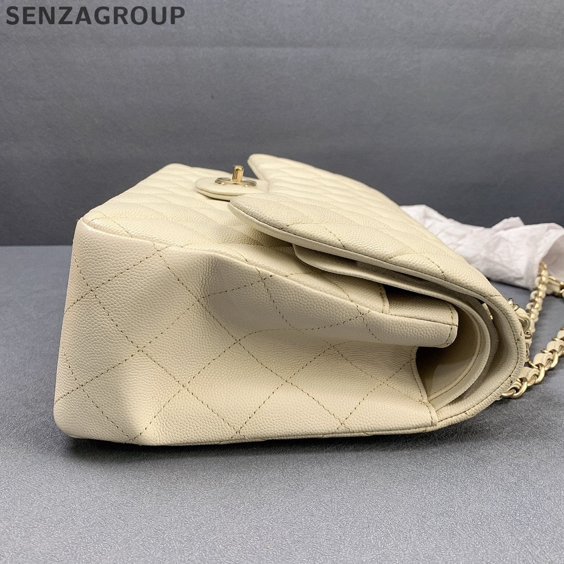 Chanel Classic Flap Jumbo Bag White Gold Chain Shoulder Crossbody