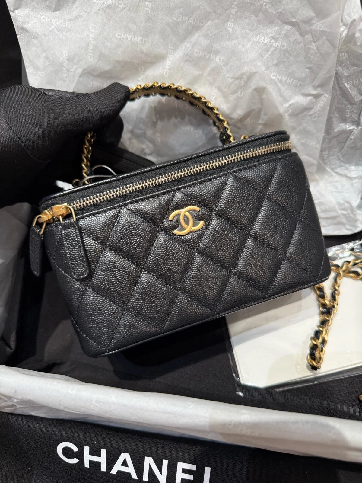 CHANEL Black Gold Caviar Calfskin Top Handle Box Bag For Women