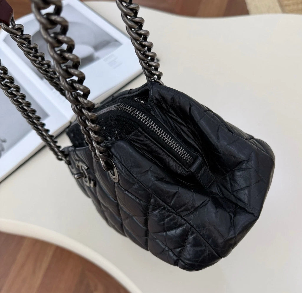 Chanel Bolide Diamond Chain Shoulder Bag Black Silver Used Women Classic
