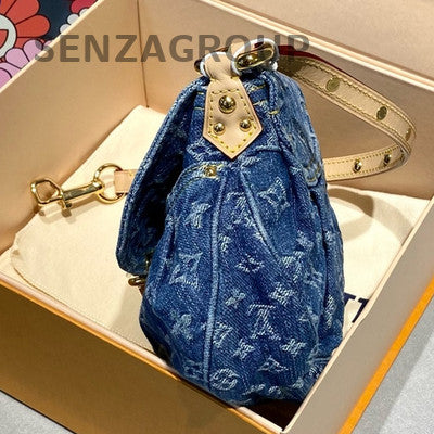 Louis Vuitton Denim Pochette Hobo Bag Blue Gold Print Women's Classic