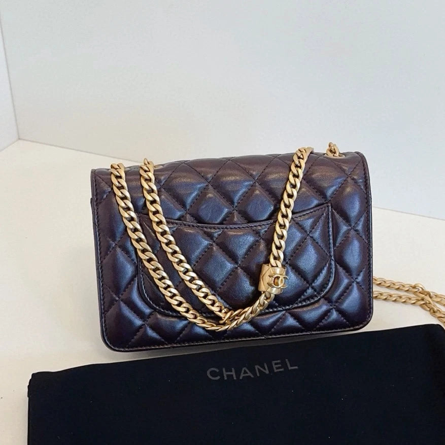 Chanel WOC Chain Shoulder Bag Crossbody Brown Gold Diamond Classic Women