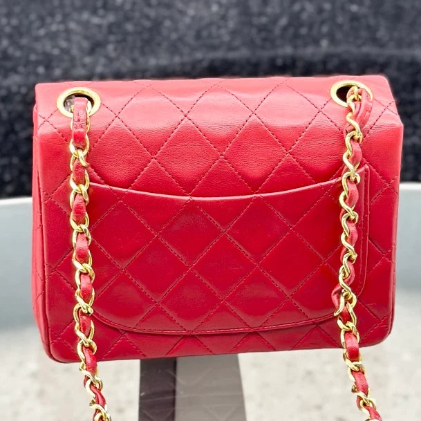 Chanel Vintage Lambskin Chain Shoulder Crossbody Bag Red Gold Women S