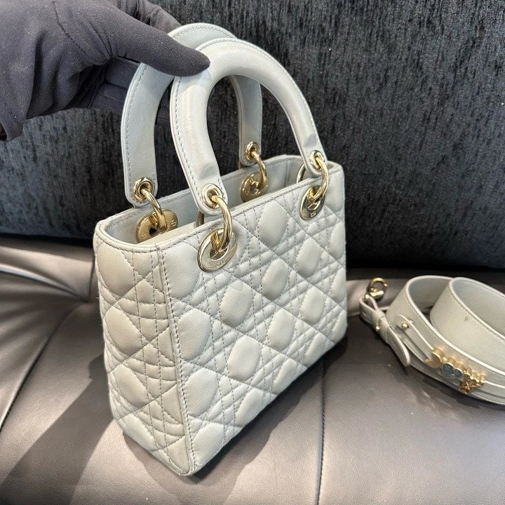 Dior Lady Dior Gold Gray Crossbody Top Handle Excellent