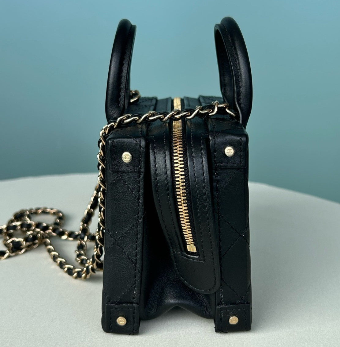 Chanel Camera Case PM Chain Top Handle Crossbody Black Gold Women Classic
