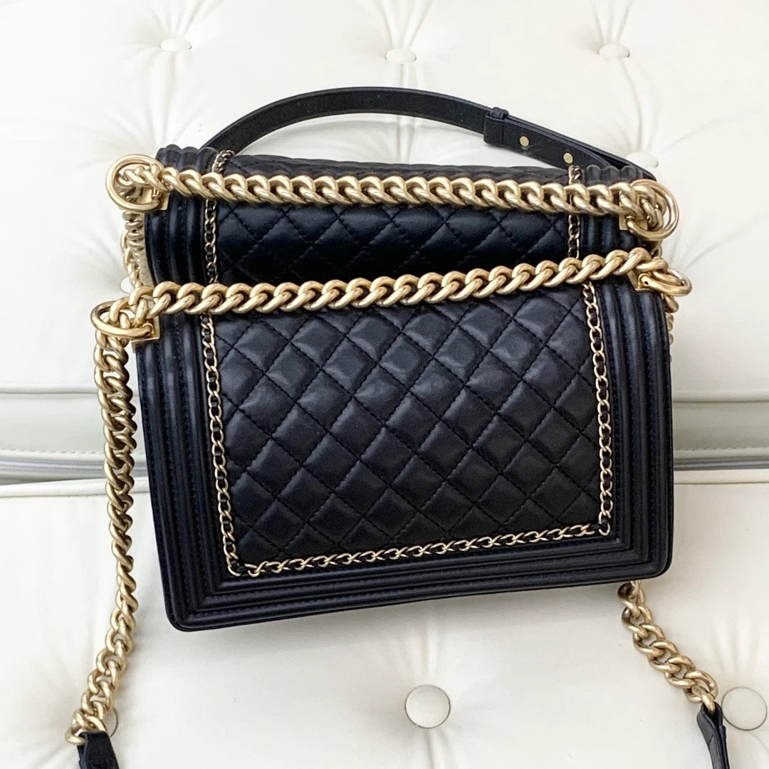 Chanel Leboy MM Chain Shoulder Bag Crossbody Black Gold Diamond Women Classic S