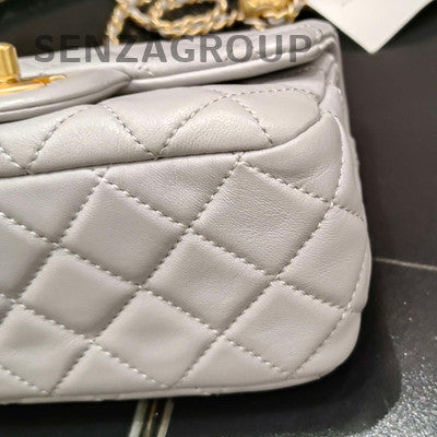 Chanel Classic Flap Quilted Chain Shoulder Bag Grey Gold