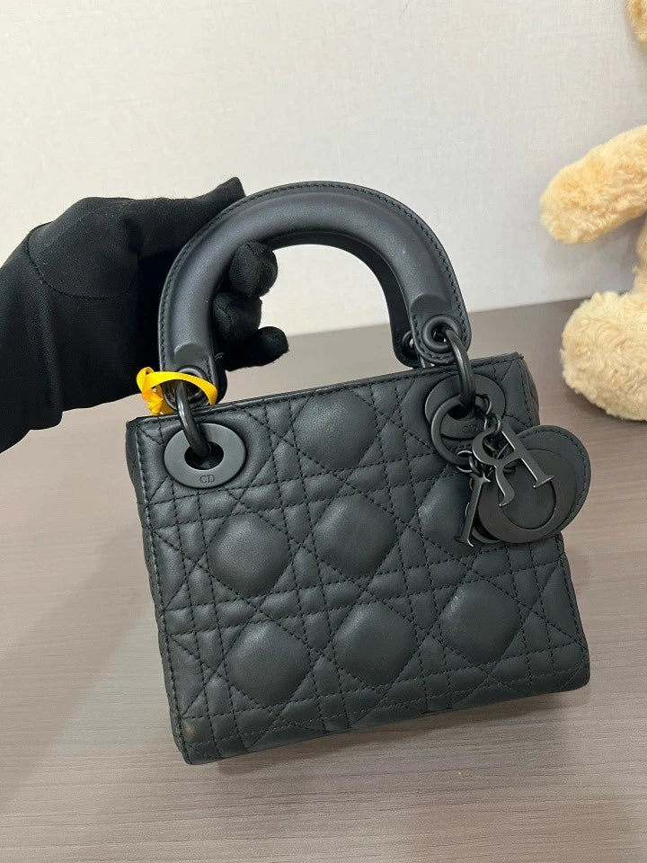 Dior Black Leather 3-Grid Lady Dior Top Handle Bag For Women