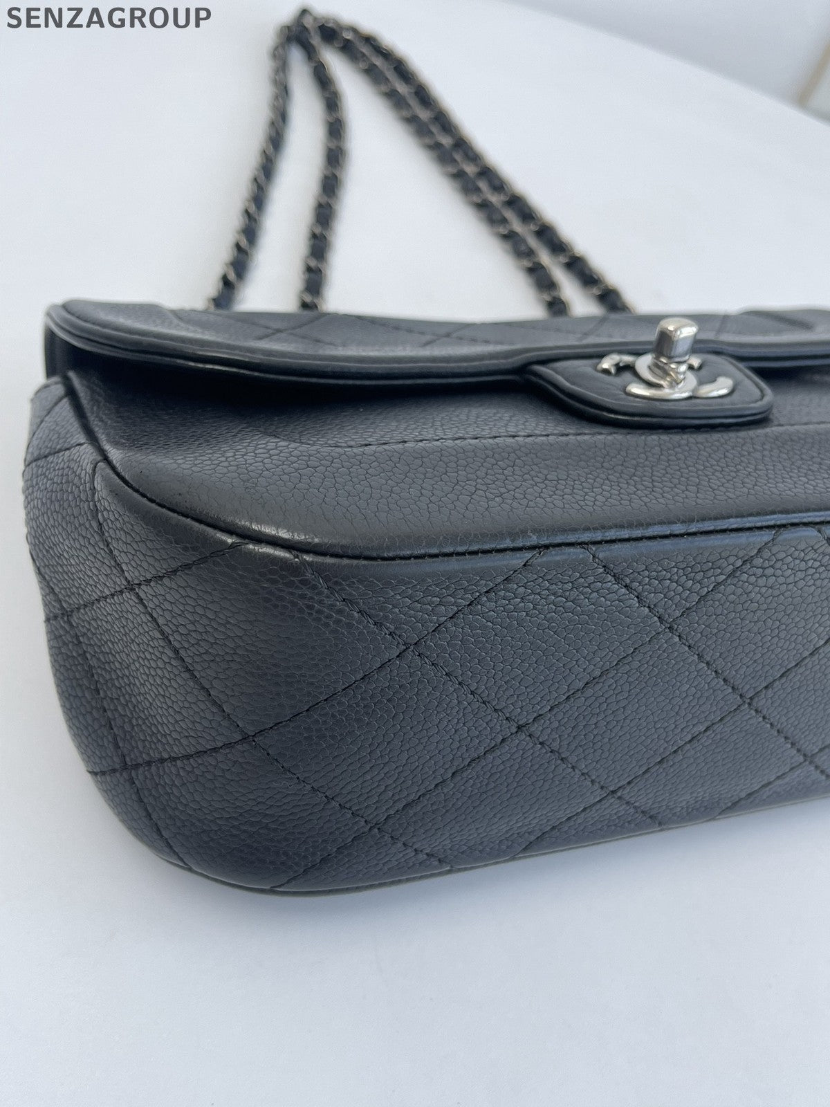 Chanel Calfskin Chain Shoulder Bag Crossbody Black Silver Women Classic