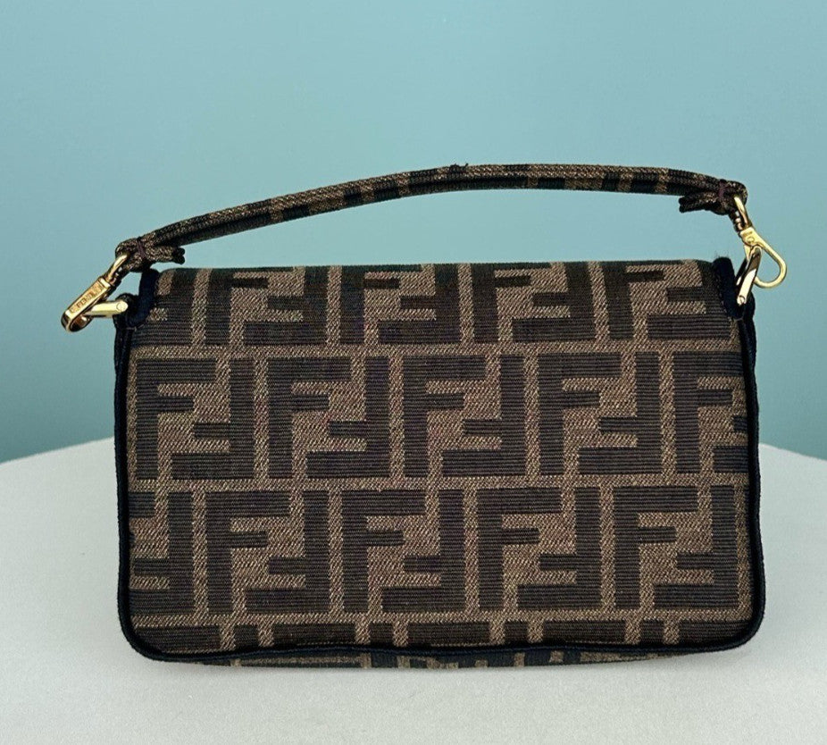 Fendi Baguette Mini Chain Top Handle Crossbody Brown Gold Women Classic