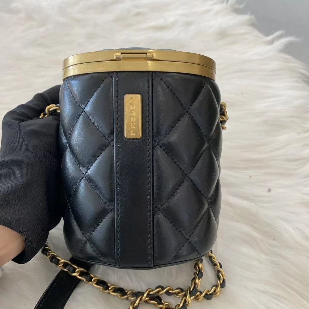 Chanel Classic Black Gold Quilted Cylinder Chain Shoulder Bag