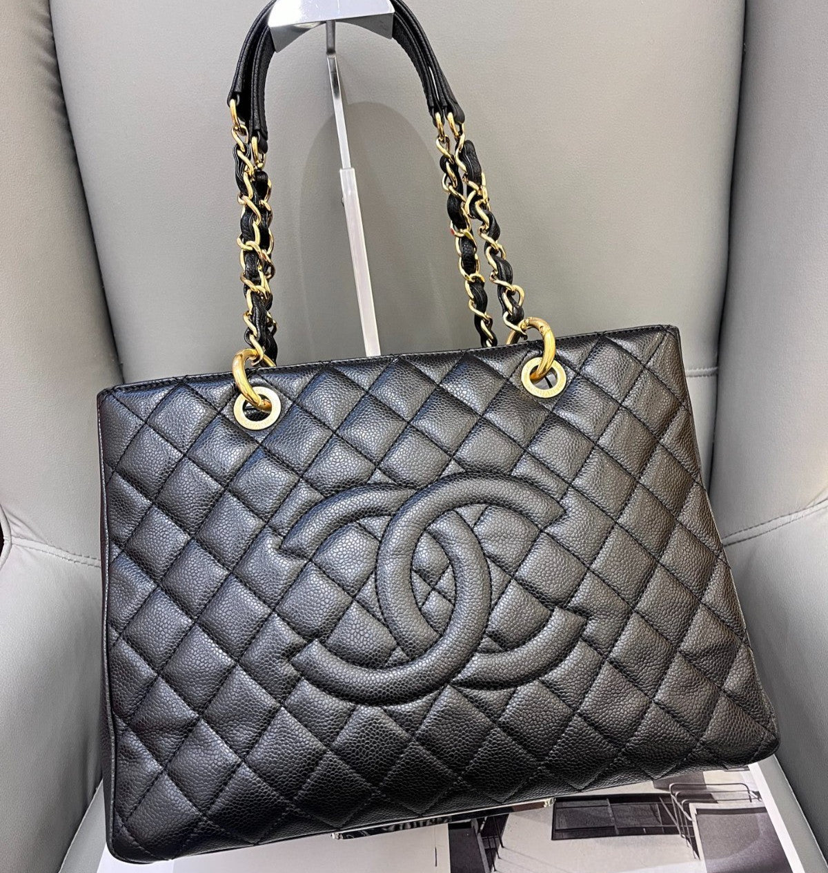 Chanel GST Chain Shoulder Bag Black Gold Women Classic Diamond