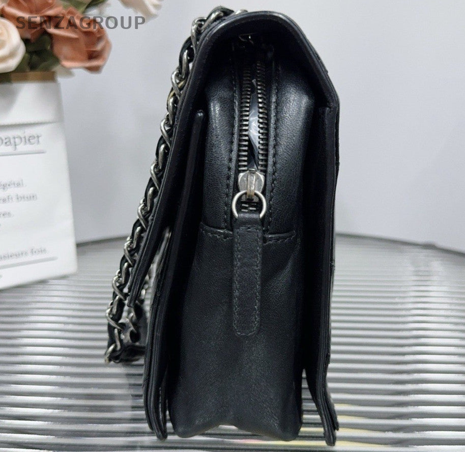 Chanel Classic Flap Lambskin Chain Shoulder Bag Black Silver Women Diamond