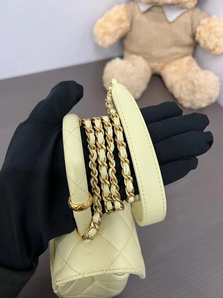 CHANEL 23S Yellow Lambskin Top Handle Box Bag For Women