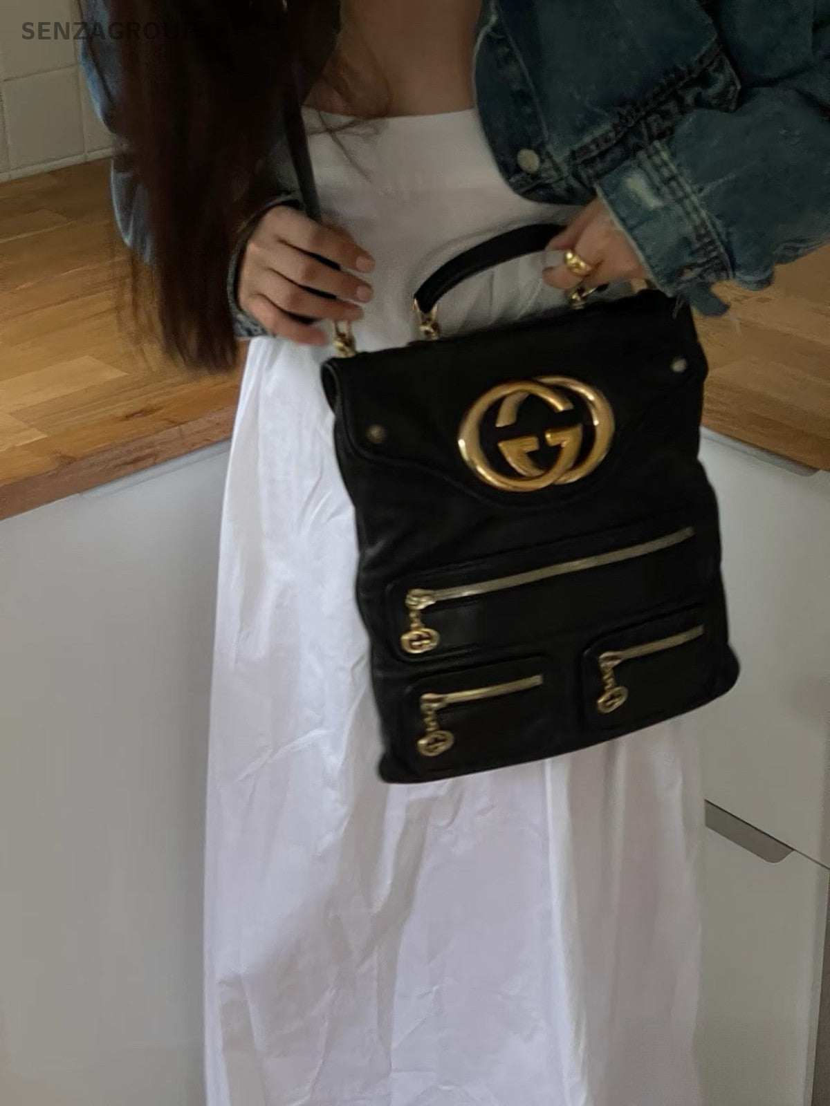 GUCCI GG Logo Top Handle 2way Shoulder Handbag Black Gold Women